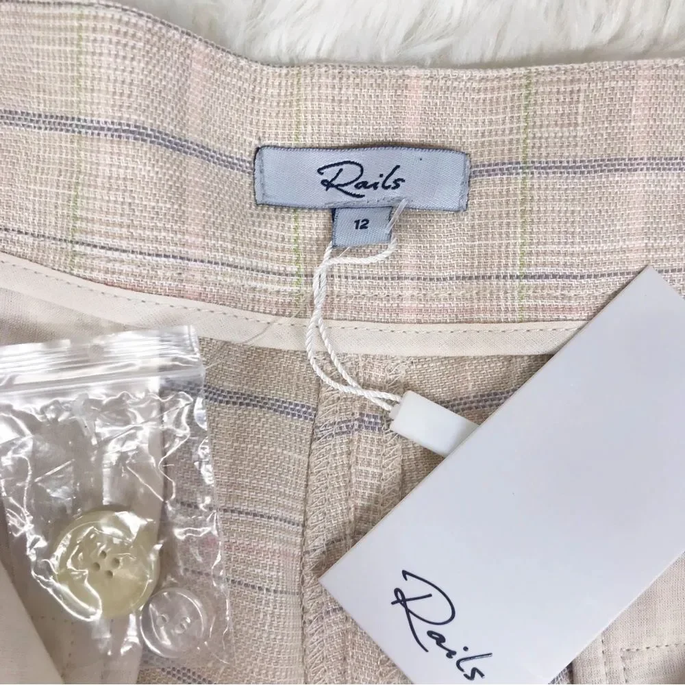 RAILS Ilena‎ Linen Trouser Shorts High Waist Sand Check Cream Plaid Size 12 New